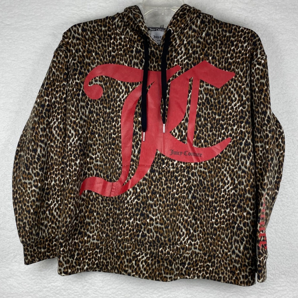 Juicy Couture Large Leopard Print Hoodie Red Monogram Graphic‎ Spellout Sleeve